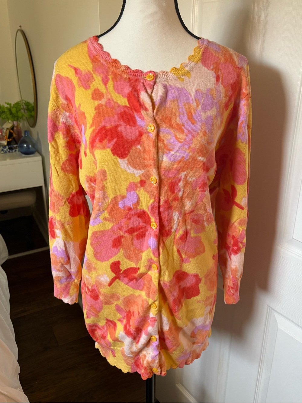 Isaac Mizrahi Live! Floral Cardigan Sweater 3X Watercolor Scallop Trim